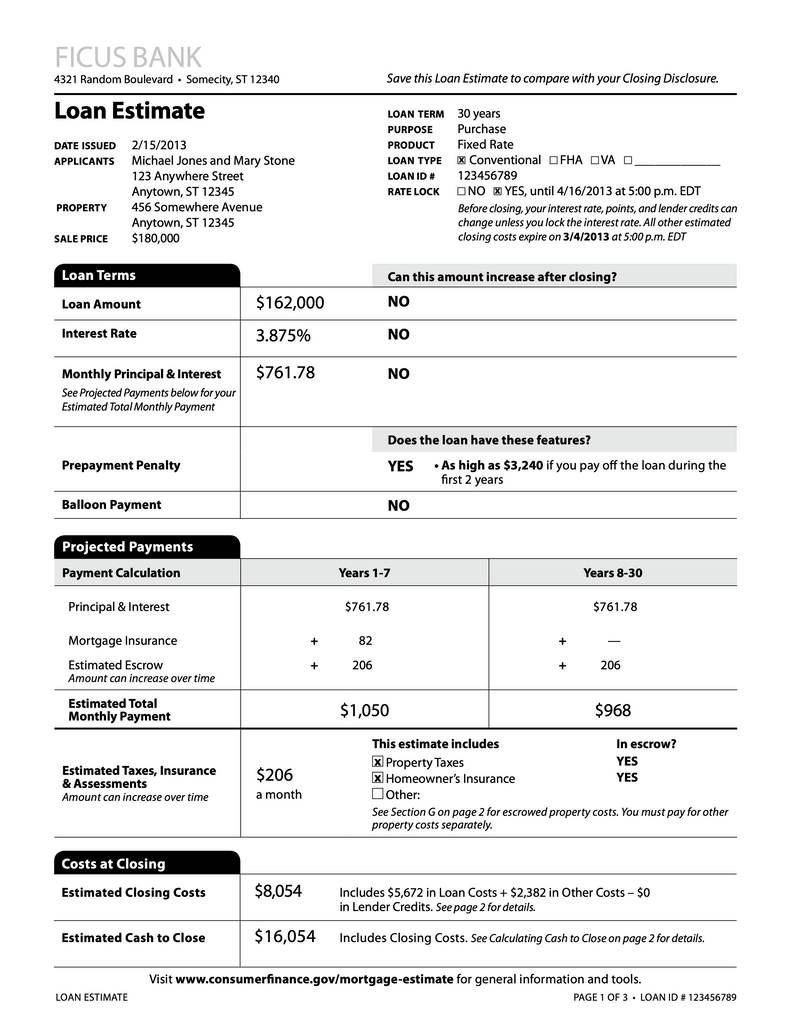 Sample loan estimate page 1.