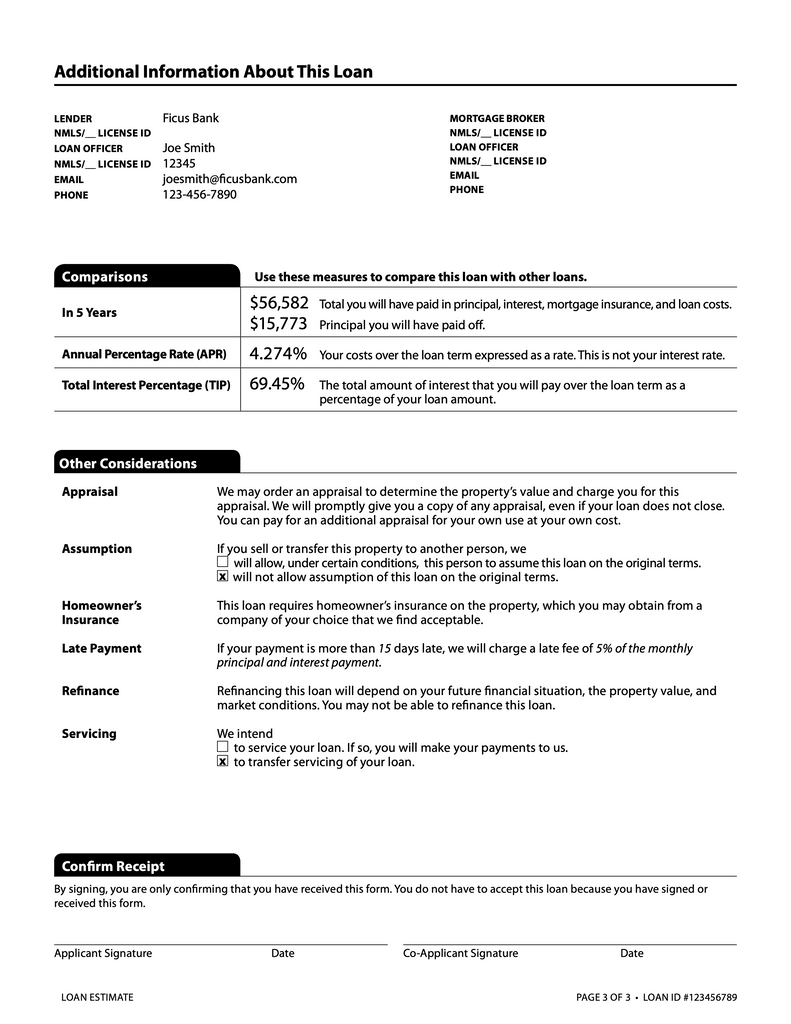 Sample loan estimate page 3.