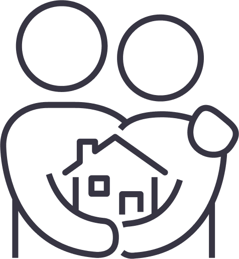 Line drawing of a couple cradling a tiny house in their arms